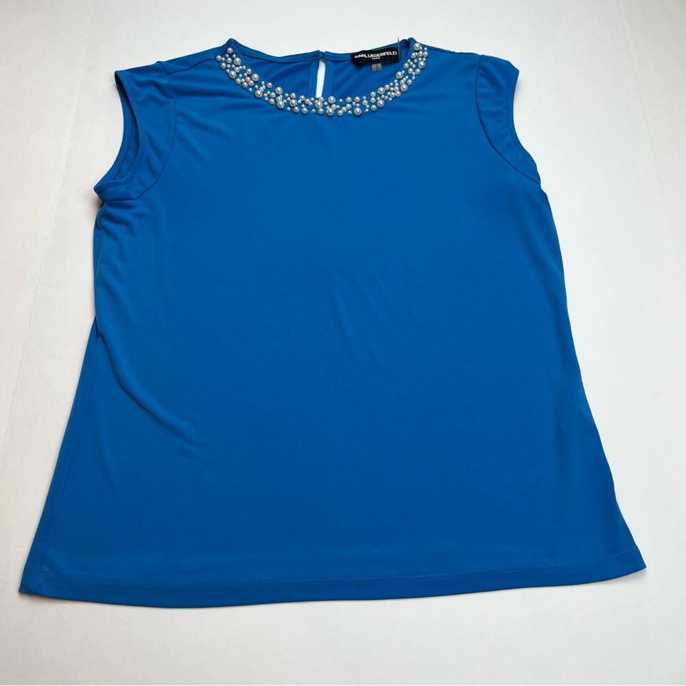 Karl Lagerfeld Paris Women SZ Small Blue Faux Pearls Sleeveless Blouse Top Shell
